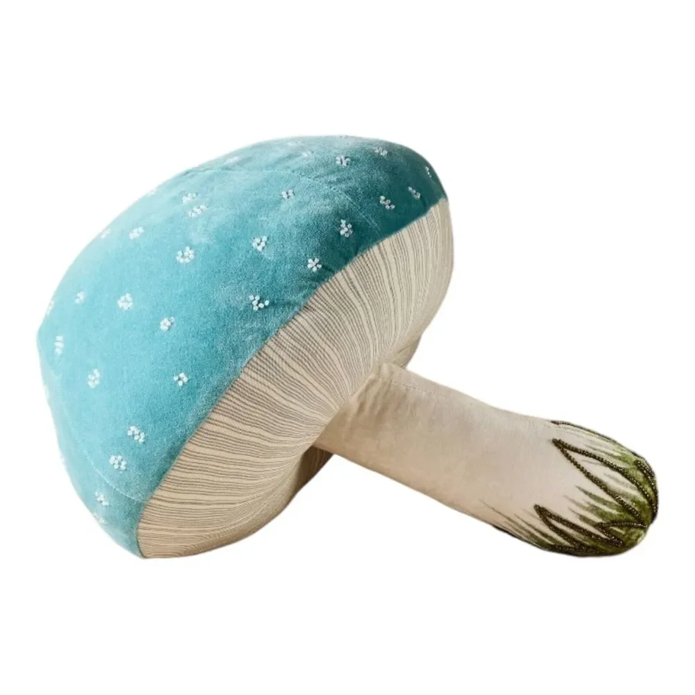 John Derian Target Thanksgiving Beaded Mushroom Plush Pillow Blue 17x14 NEW